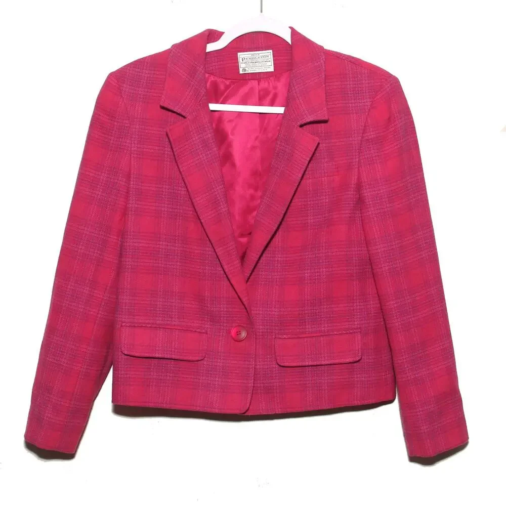 Vintage Miss Pendleton Wool Pink Plaid Blazer Jacket Size M (No size tag) 80s